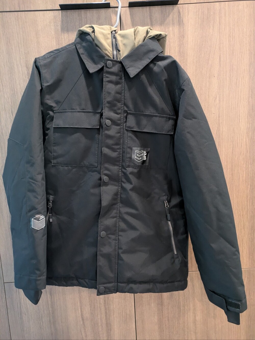 Surface to Air Black Hooded Puffer Jacket with Olive Lining